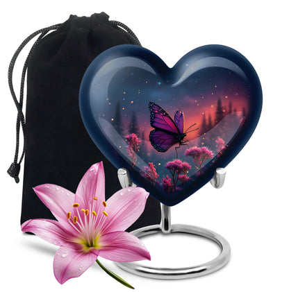 Celestial Blue Butterfly Cremation Urn detail view - heart-shaped butterfly design symbolizing eternal love - full-size 10 inch 200 cubic inch adult cremation urn