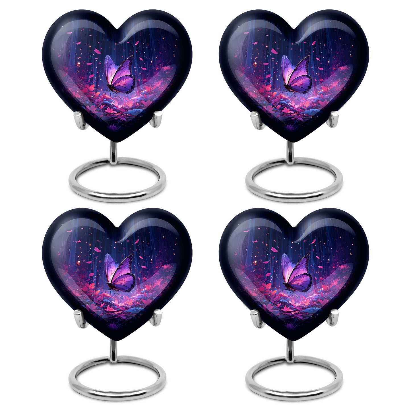 Azure Butterfly Cremation Urn angled view of lid and engraved motif - loving heart memorial featuring butterfly pattern - 10 inch aluminum urn for cremated remains