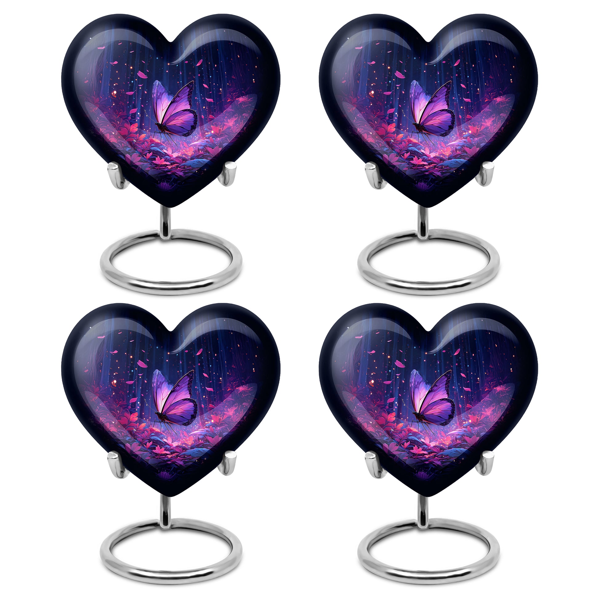 Azure Butterfly Cremation Urn angled view of lid and engraved motif - loving heart memorial featuring butterfly pattern - 10 inch aluminum urn for cremated remains