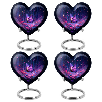 Azure Butterfly Cremation Urn angled view of lid and engraved motif - loving heart memorial featuring butterfly pattern - 10 inch aluminum urn for cremated remains
