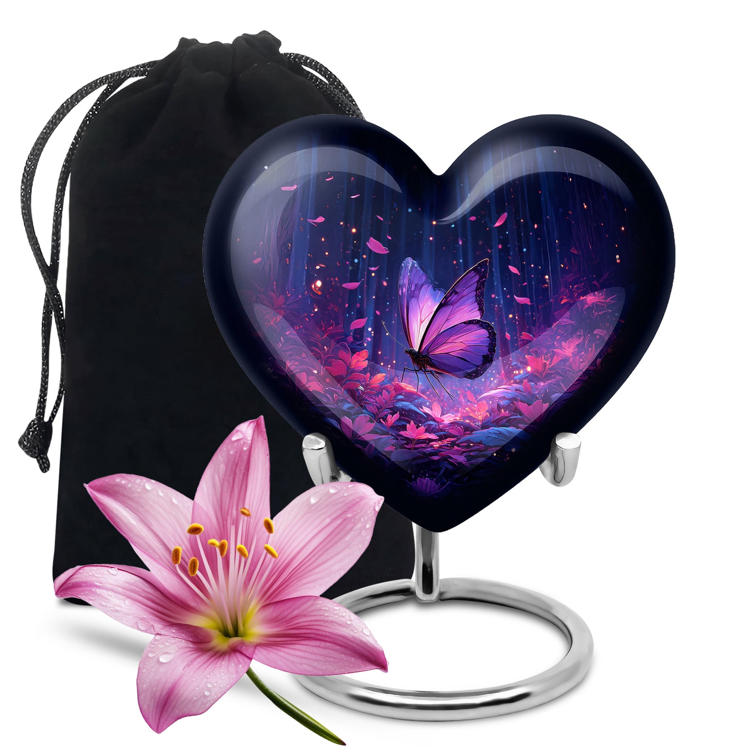 Navy Blue Butterfly Cremation Urn detail view - heart-shaped butterfly design symbolizing eternal love - full-size 10 inch 200 cubic inch adult cremation urn
