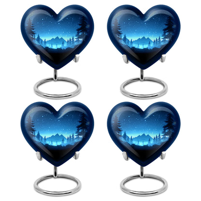 Dusty Blue Blue Cremation Urn angled view of lid and engraved motif - heart-shaped blue design symbolizing eternal love - 10 inch aluminum urn for cremated remains