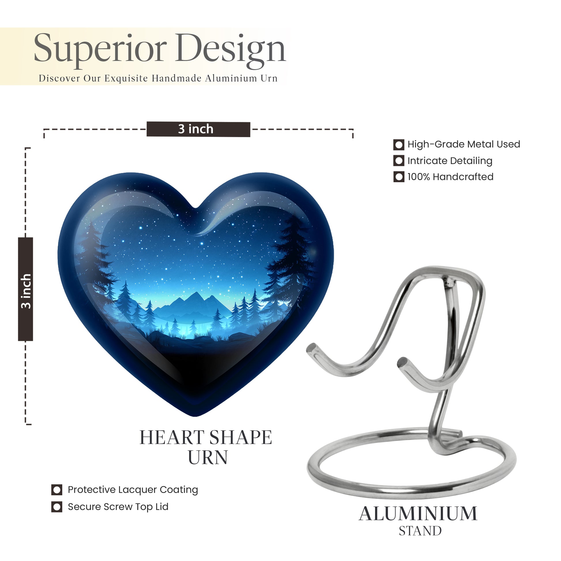 Azure Blue Cremation Urn front view showing detailed design - loving heart memorial featuring blue pattern - mini keepsake memorial for portion of cremation ashes