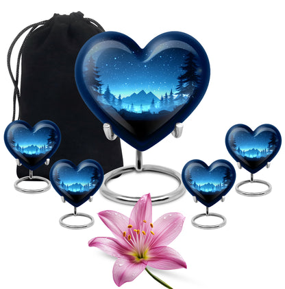 Cornflower Blue Blue Cremation Urn close-up of engraving and surface detail - romantic heart urn with blue motif on aluminum - memorial set with one large and four small urns