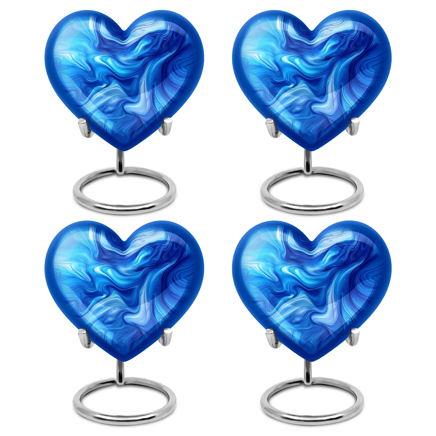 Vivid Blue Blue Cremation Urn angled view of lid and engraved motif - compassionate heart-blue combination with gentle curves - 10 inch aluminum urn for cremated remains