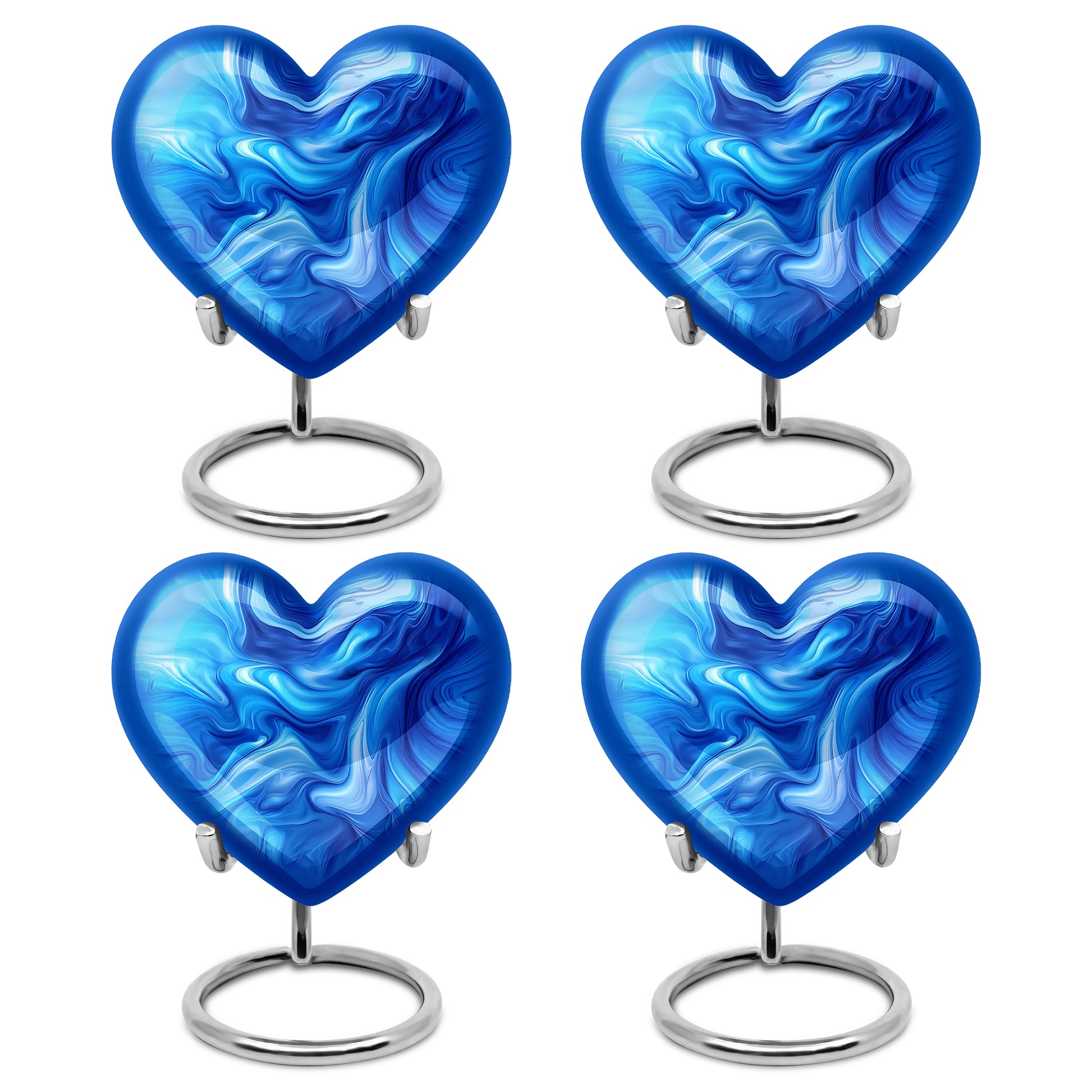Vivid Blue Blue Cremation Urn angled view of lid and engraved motif - compassionate heart-blue combination with gentle curves - 10 inch aluminum urn for cremated remains