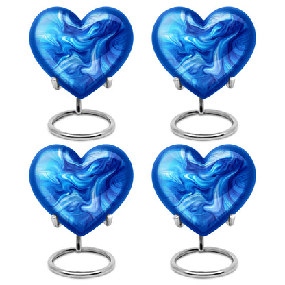 Vivid Blue Blue Cremation Urn angled view of lid and engraved motif - compassionate heart-blue combination with gentle curves - 10 inch aluminum urn for cremated remains