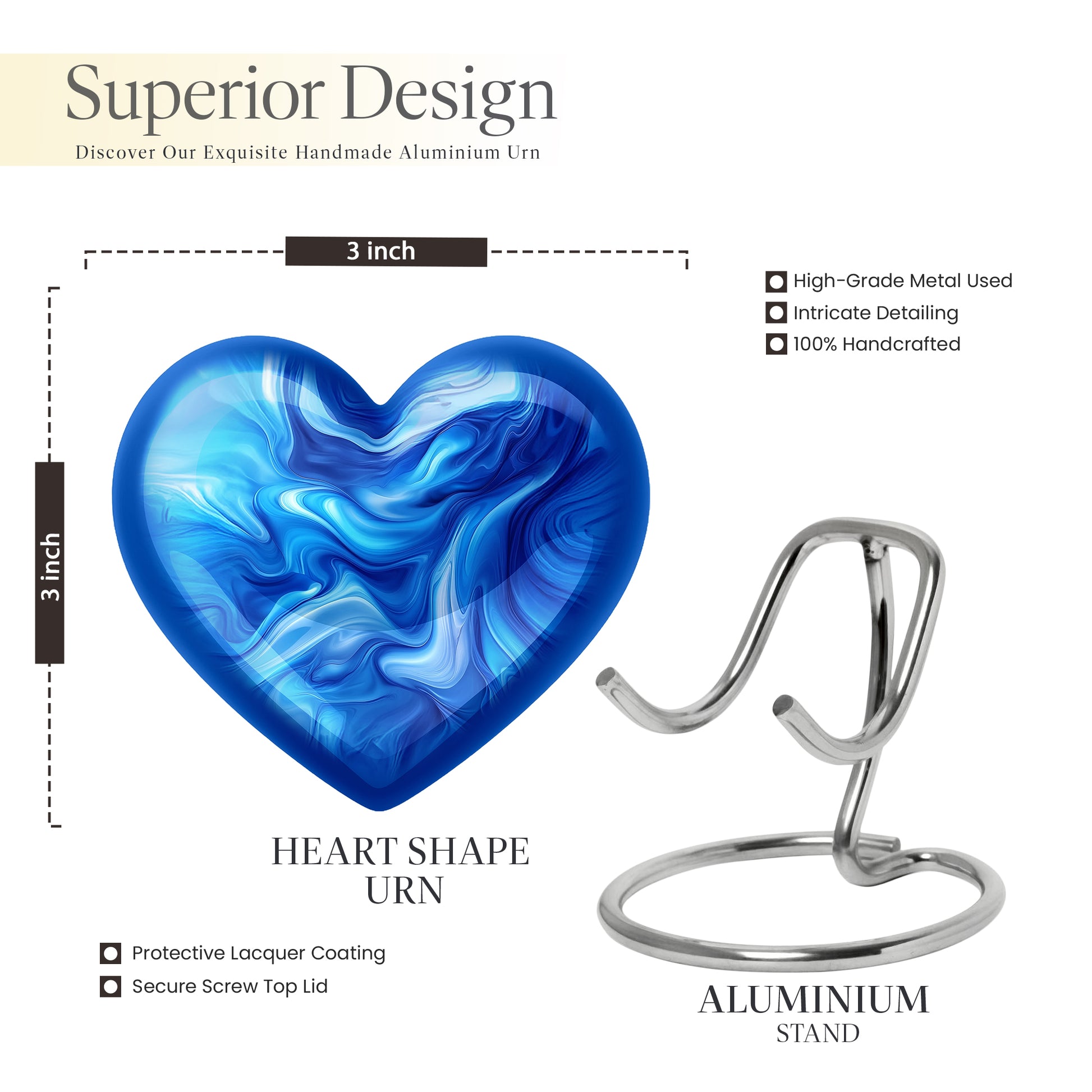 Sky Blue Blue Cremation Urn front view showing detailed design - loving heart memorial featuring blue pattern - mini keepsake memorial for portion of cremation ashes