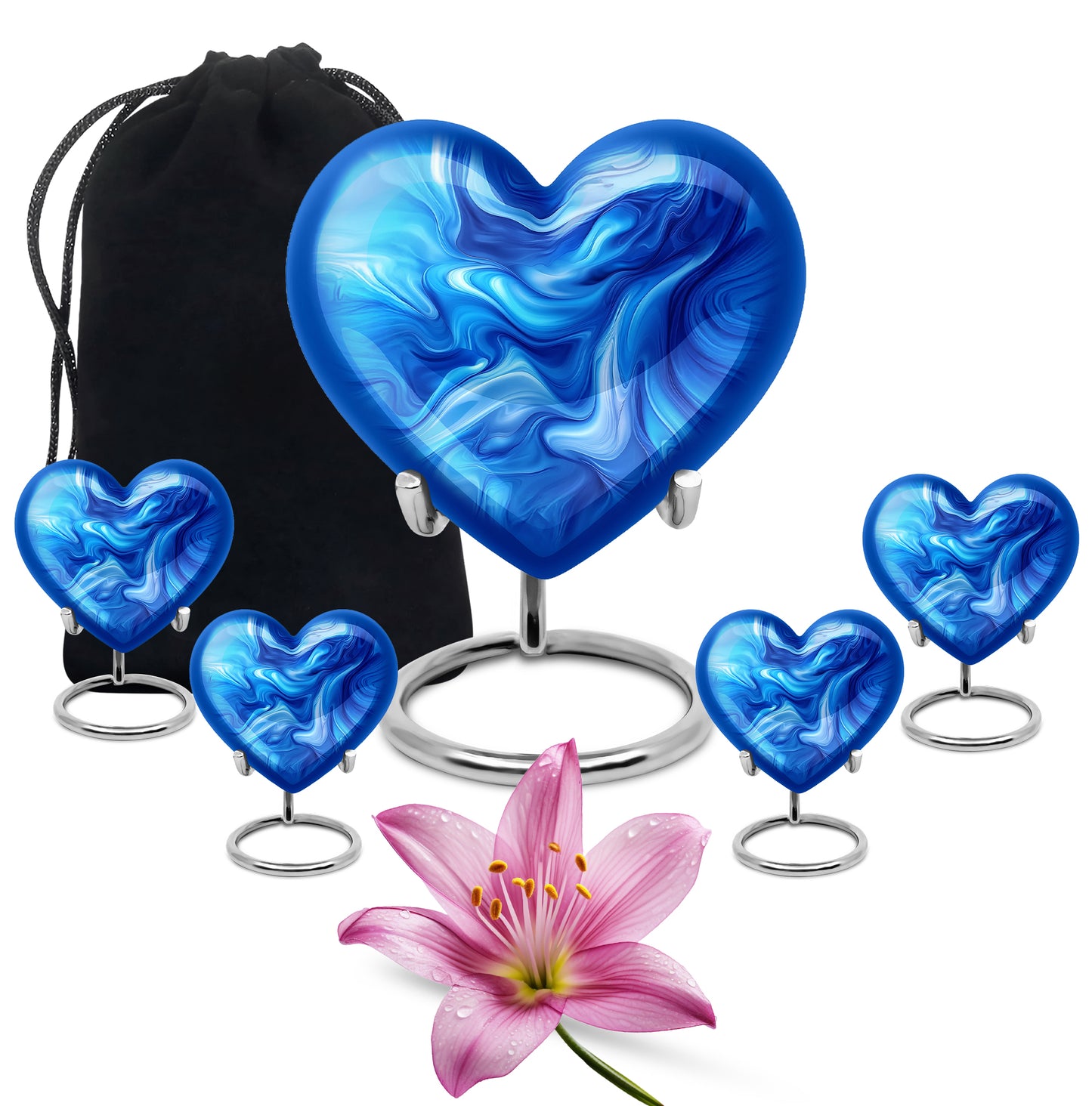 Indigo Blue Cremation Urn close-up of engraving and surface detail - heart-shaped blue design symbolizing eternal love - memorial set with one large and four small urns