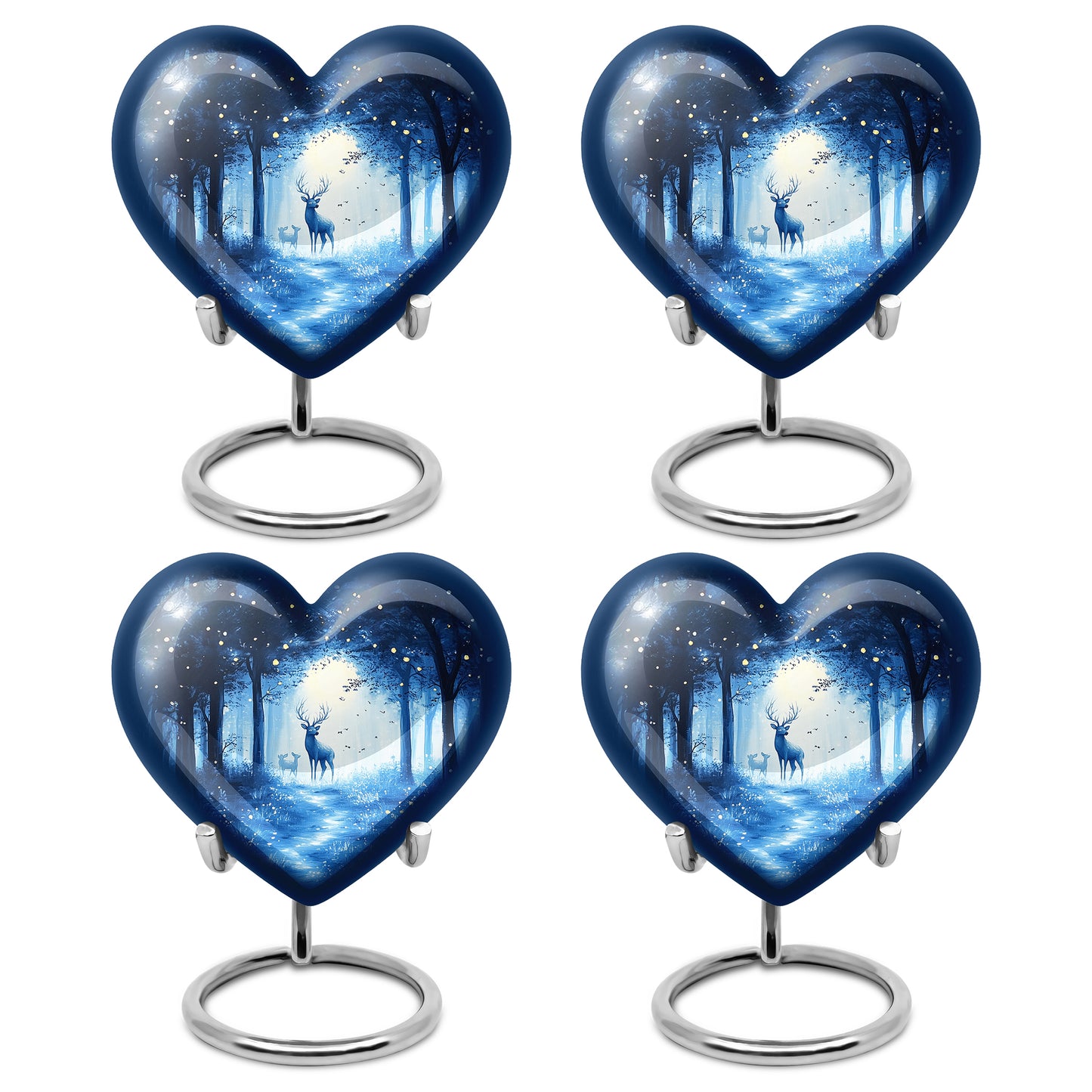 Cobalt Blue Blue Cremation Urn angled view of lid and engraved motif - compassionate heart-blue combination with gentle curves - 10 inch aluminum urn for cremated remains