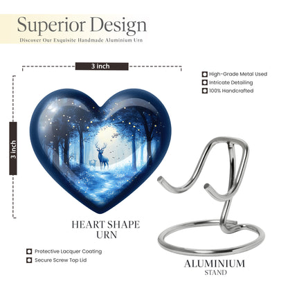 Vivid Blue Blue Cremation Urn front view showing detailed design - romantic heart urn with blue motif on aluminum - mini keepsake memorial for portion of cremation ashes