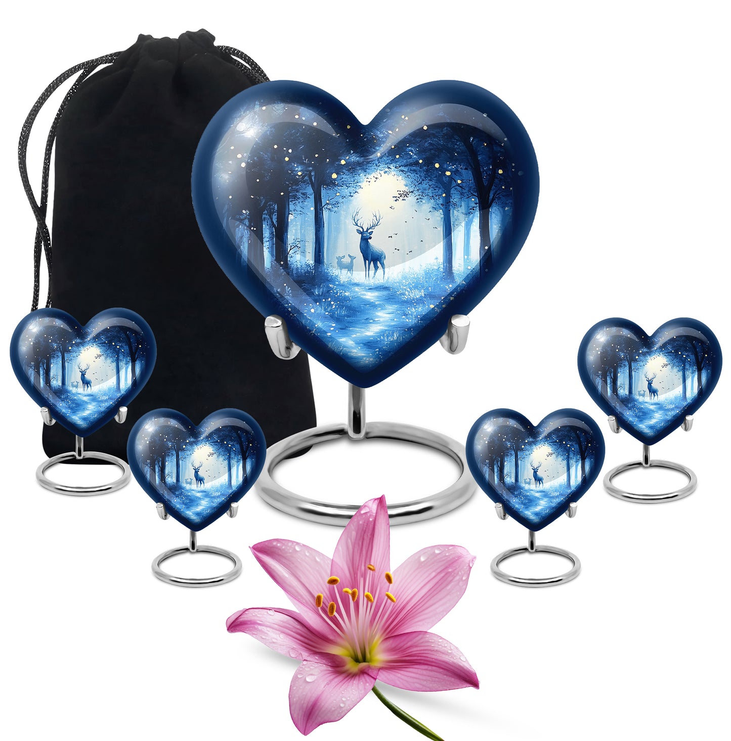 Sky Blue Blue Cremation Urn close-up of engraving and surface detail - loving heart memorial featuring blue pattern - memorial set with one large and four small urns