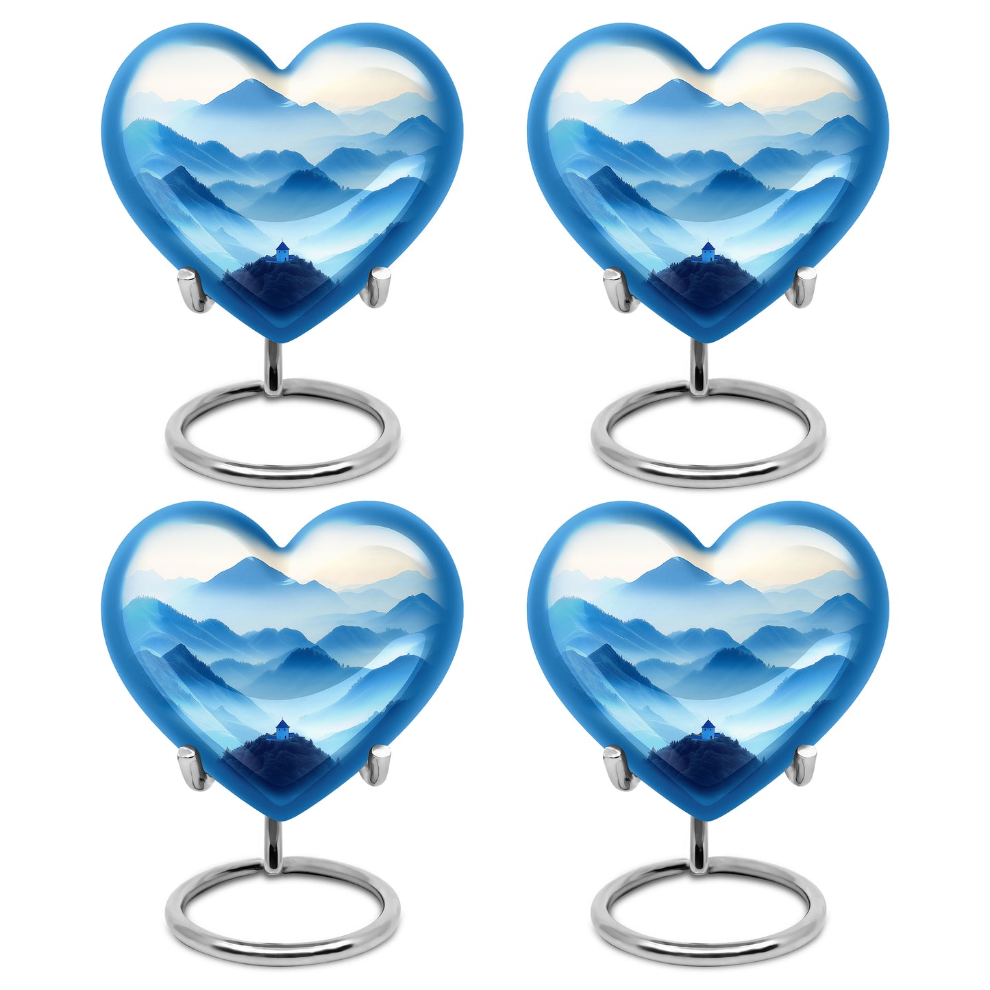 Moonlight Silver Blue Cremation Urn angled view of lid and engraved motif - compassionate heart-blue combination with gentle curves - 10 inch aluminum urn for cremated remains
