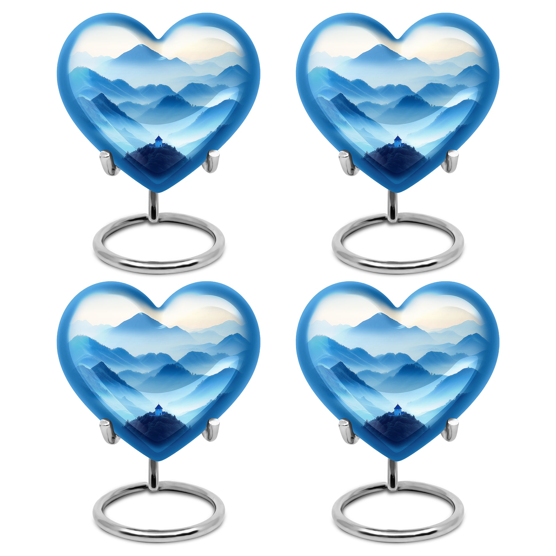 Moonlight Silver Blue Cremation Urn angled view of lid and engraved motif - compassionate heart-blue combination with gentle curves - 10 inch aluminum urn for cremated remains