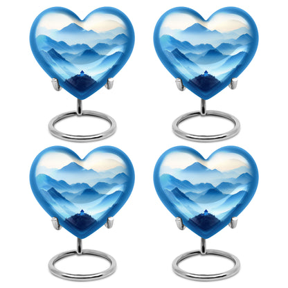 Moonlight Silver Blue Cremation Urn angled view of lid and engraved motif - compassionate heart-blue combination with gentle curves - 10 inch aluminum urn for cremated remains