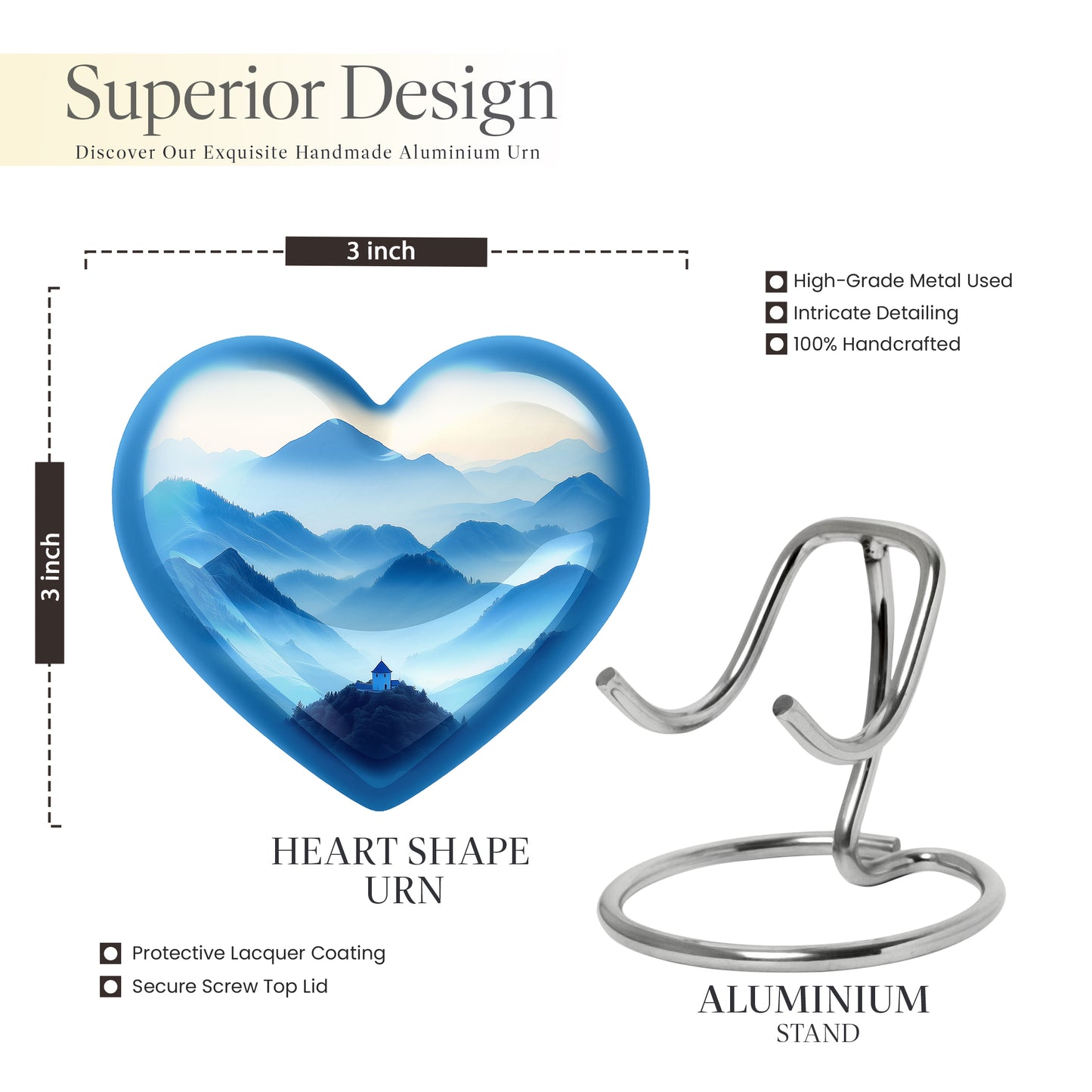 Polished Silver Blue Cremation Urn front view showing detailed design - romantic heart urn with blue motif on aluminum - mini keepsake memorial for portion of cremation ashes