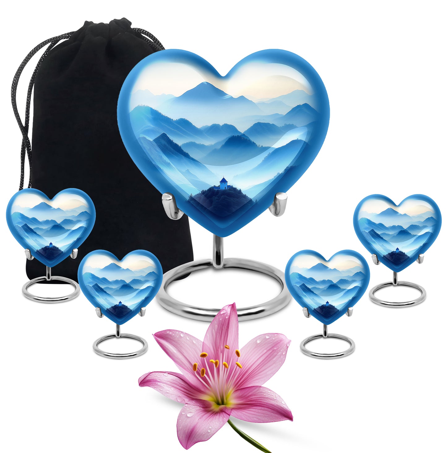 Brushed Silver Blue Cremation Urn close-up of engraving and surface detail - heart-shaped blue design symbolizing eternal love - memorial set with one large and four small urns