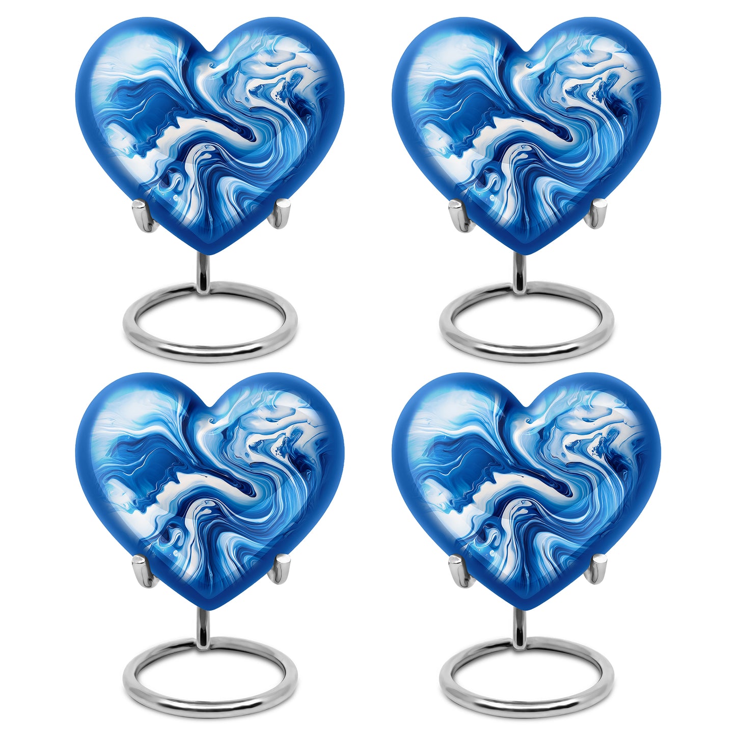 Bright Blue Blue Cremation Urn angled view of lid and engraved motif - compassionate heart-blue combination with gentle curves - 10 inch aluminum urn for cremated remains