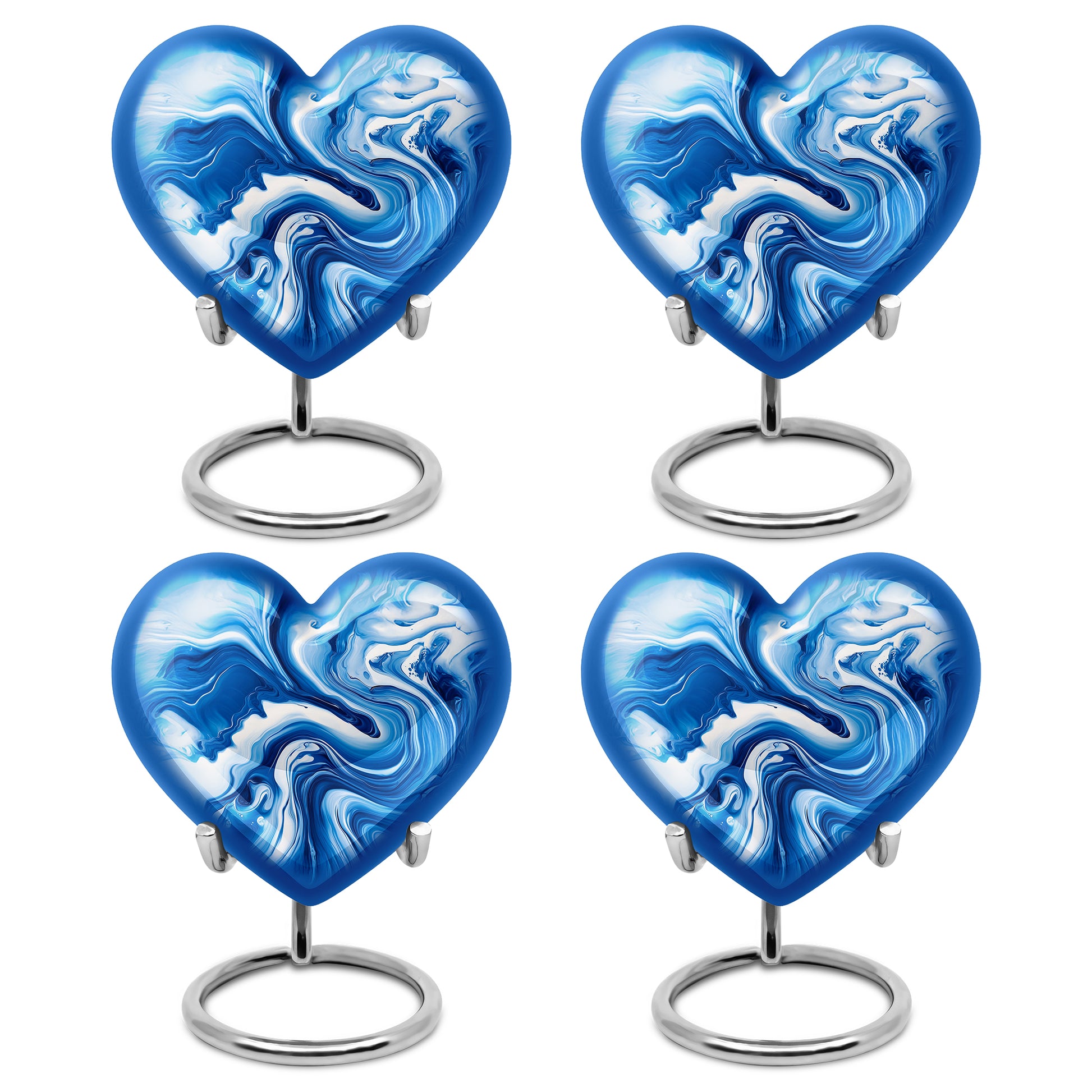 Bright Blue Blue Cremation Urn angled view of lid and engraved motif - compassionate heart-blue combination with gentle curves - 10 inch aluminum urn for cremated remains