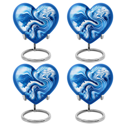 Bright Blue Blue Cremation Urn angled view of lid and engraved motif - compassionate heart-blue combination with gentle curves - 10 inch aluminum urn for cremated remains