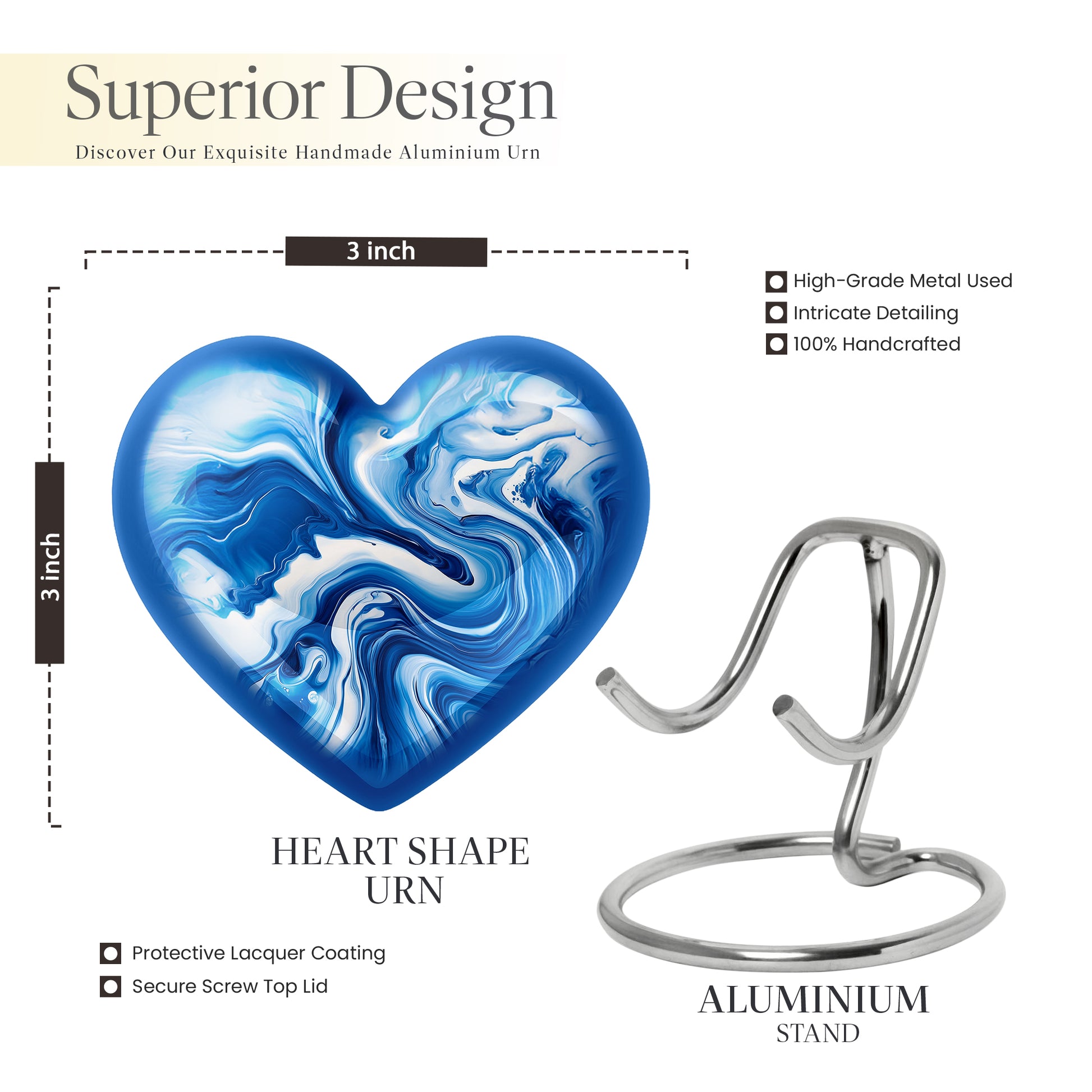 Calming Blue Blue Cremation Urn front view showing detailed design - romantic heart urn with blue motif on aluminum - mini keepsake memorial for portion of cremation ashes