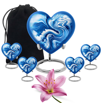 Vivid Blue Blue Cremation Urn close-up of engraving and surface detail - compassionate heart-blue combination with gentle curves - memorial set with one large and four small urns