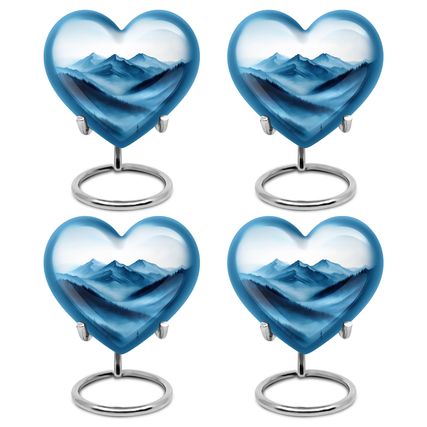 Polished Silver Blue Cremation Urn angled view of lid and engraved motif - compassionate heart-blue combination with gentle curves - 10 inch aluminum urn for cremated remains