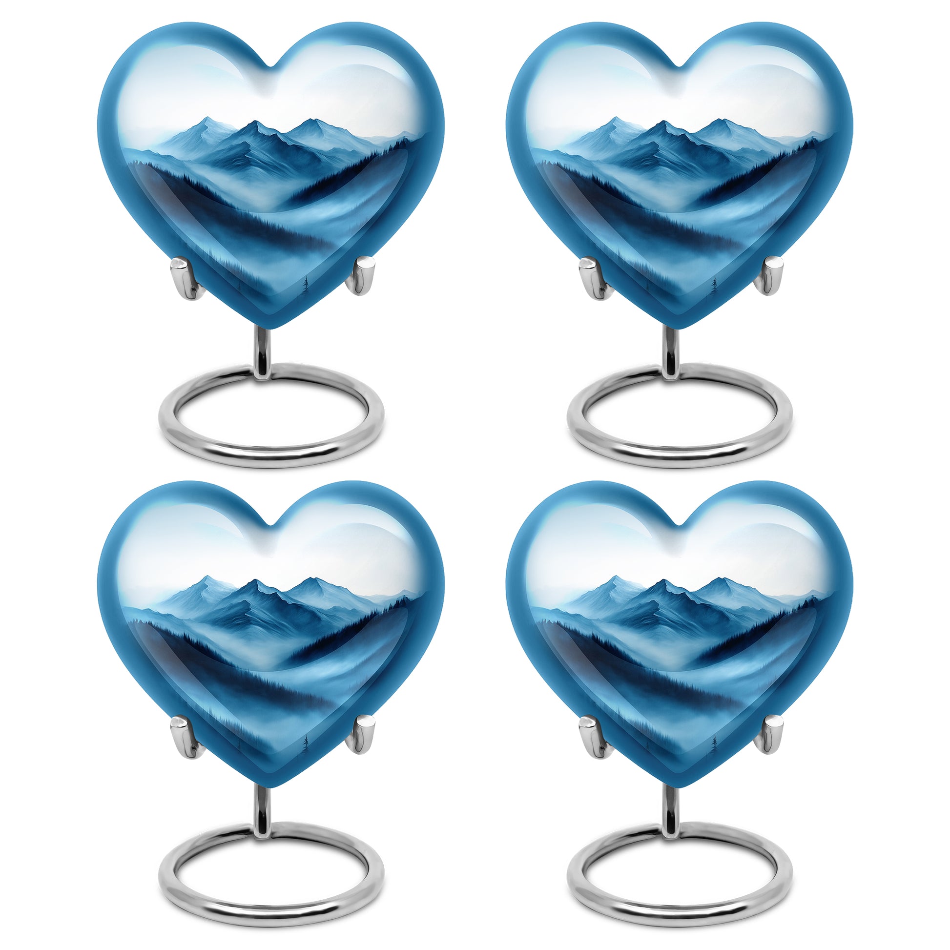 Polished Silver Blue Cremation Urn angled view of lid and engraved motif - compassionate heart-blue combination with gentle curves - 10 inch aluminum urn for cremated remains
