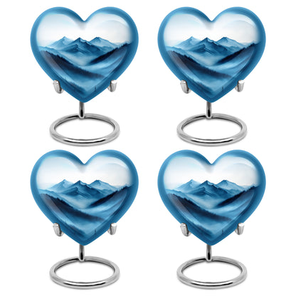 Polished Silver Blue Cremation Urn angled view of lid and engraved motif - compassionate heart-blue combination with gentle curves - 10 inch aluminum urn for cremated remains