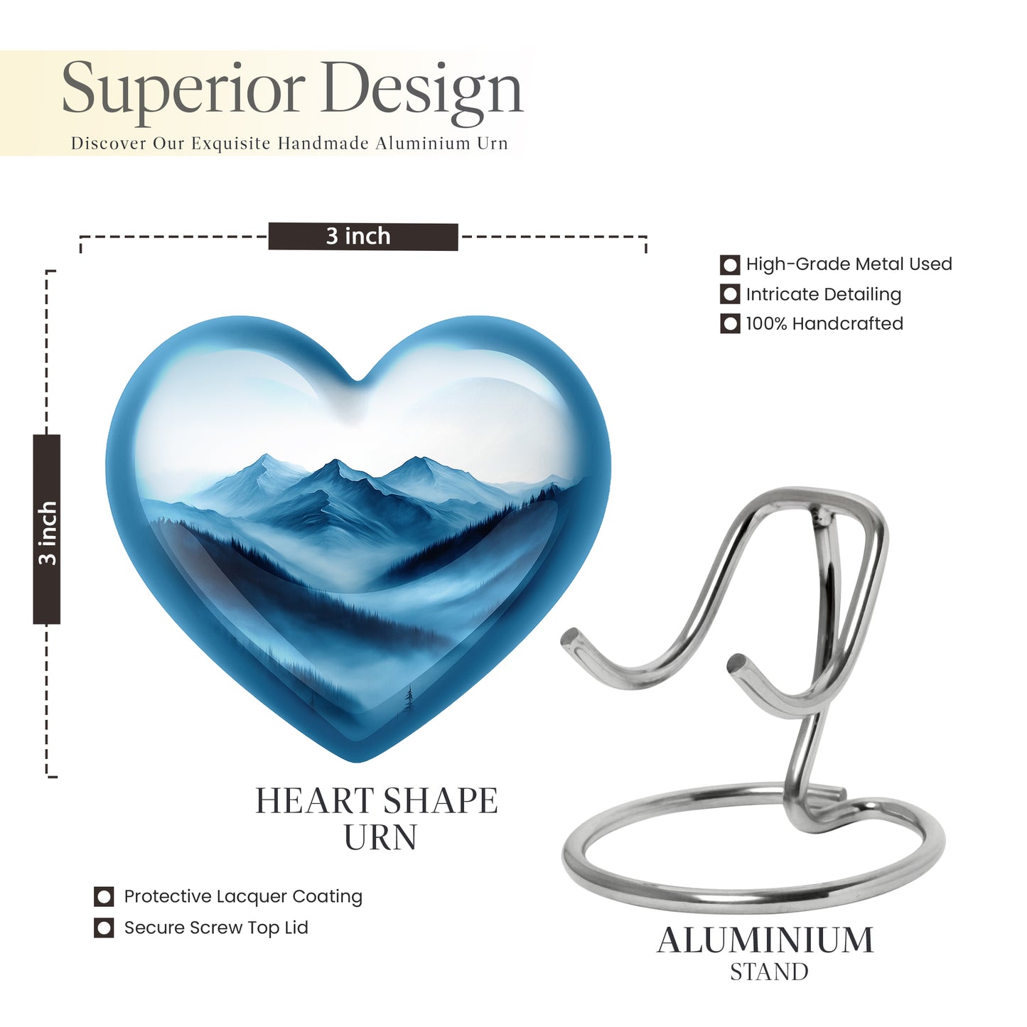 Gleaming Silver Blue Cremation Urn front view showing detailed design - heart-shaped blue design symbolizing eternal love - mini keepsake memorial for portion of cremation ashes
