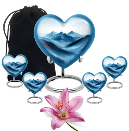 Platinum Silver Blue Cremation Urn close-up of engraving and surface detail - loving heart memorial featuring blue pattern - memorial set with one large and four small urns