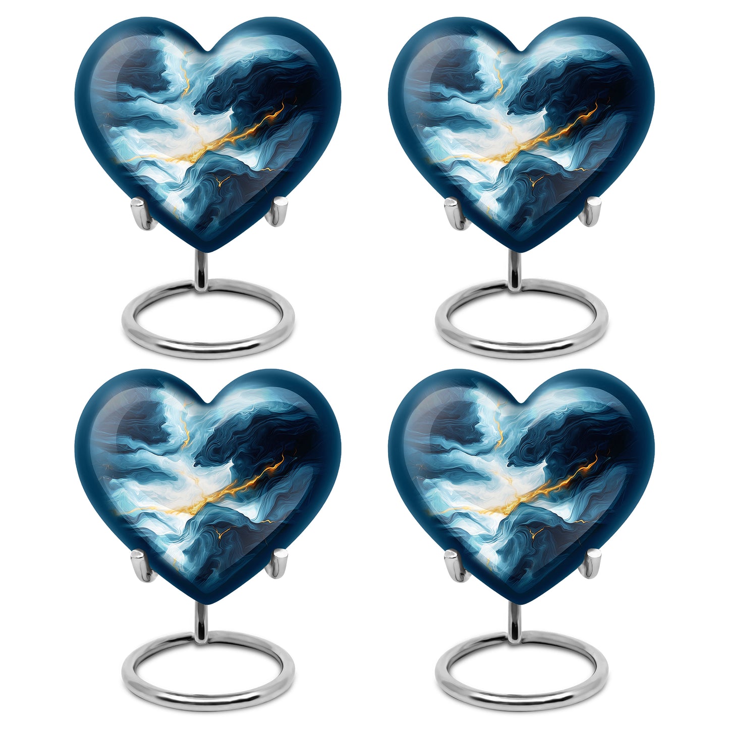 Indigo Blue Cremation Urn angled view of lid and engraved motif - heart-shaped blue design symbolizing eternal love - 10 inch aluminum urn for cremated remains