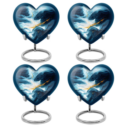 Indigo Blue Cremation Urn angled view of lid and engraved motif - heart-shaped blue design symbolizing eternal love - 10 inch aluminum urn for cremated remains