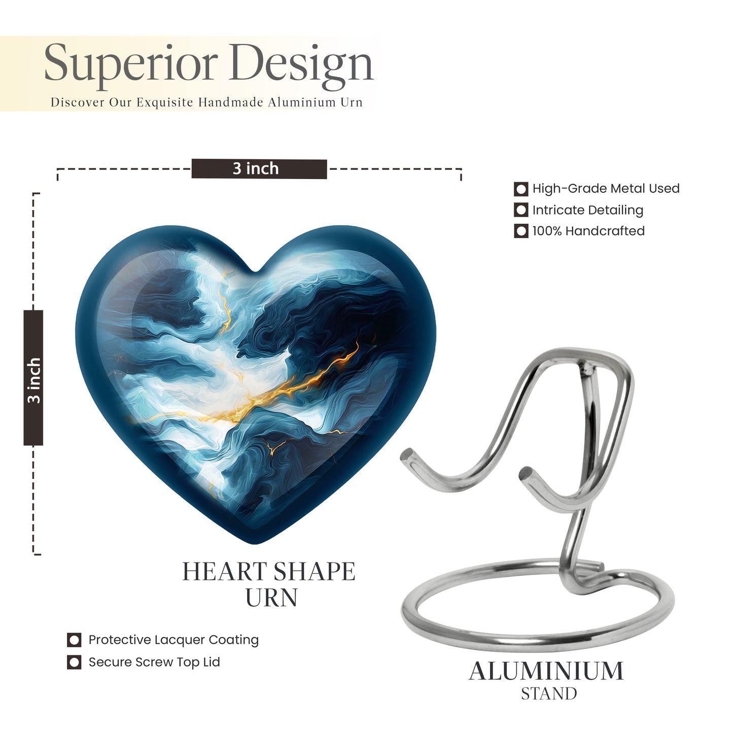Indigo Blue Cremation Urn front view showing detailed design - heart-shaped blue design symbolizing eternal love - mini keepsake memorial for portion of cremation ashes