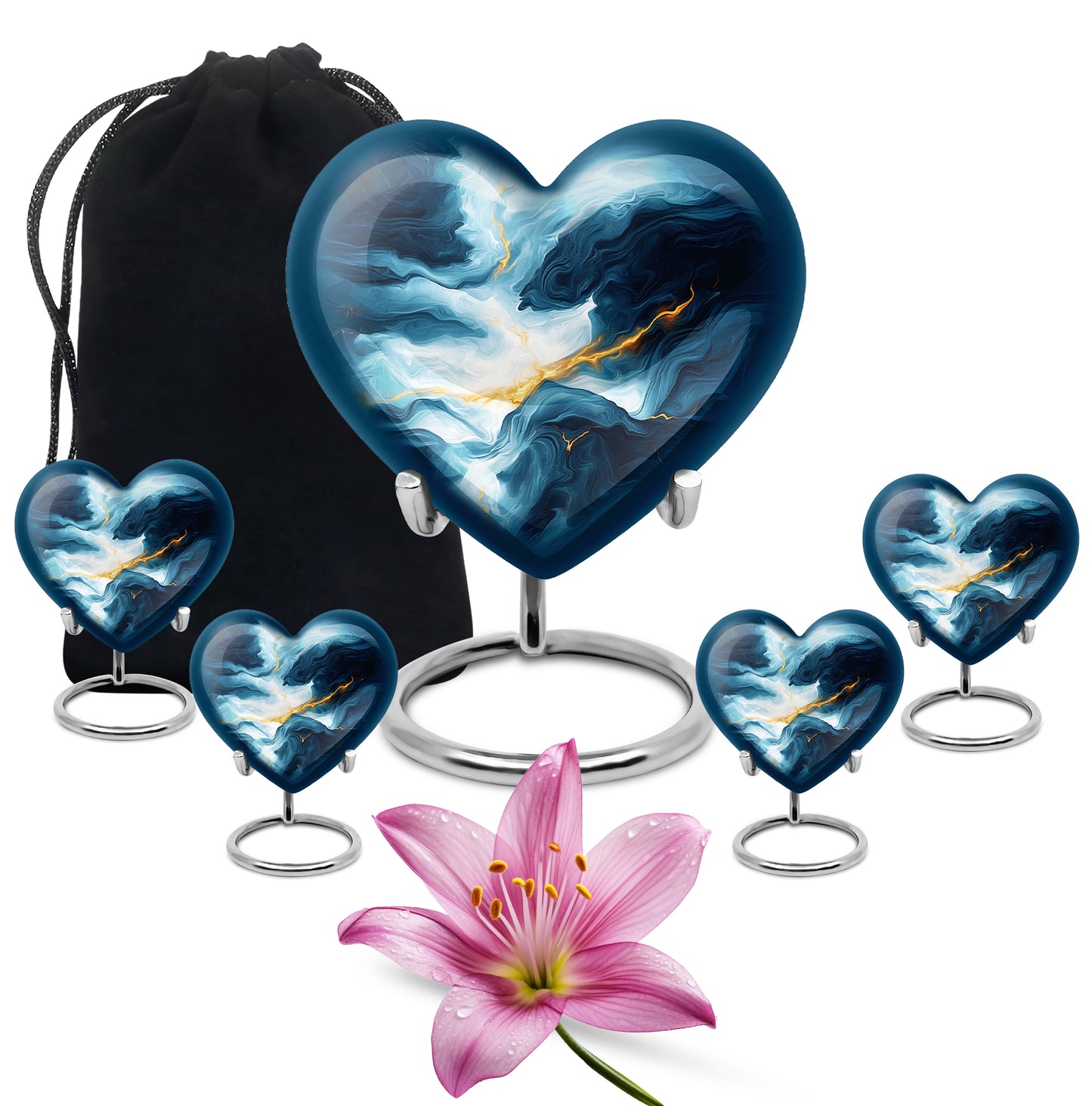 Vivid Blue Blue Cremation Urn close-up of engraving and surface detail - romantic heart urn with blue motif on aluminum - memorial set with one large and four small urns