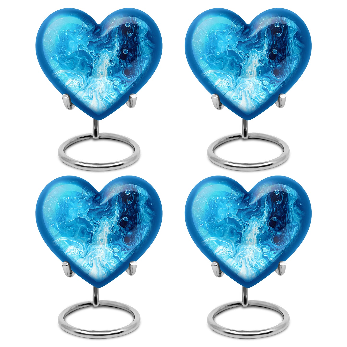 Steel Blue Blue Cremation Urn angled view of lid and engraved motif - compassionate heart-blue combination with gentle curves - 10 inch aluminum urn for cremated remains