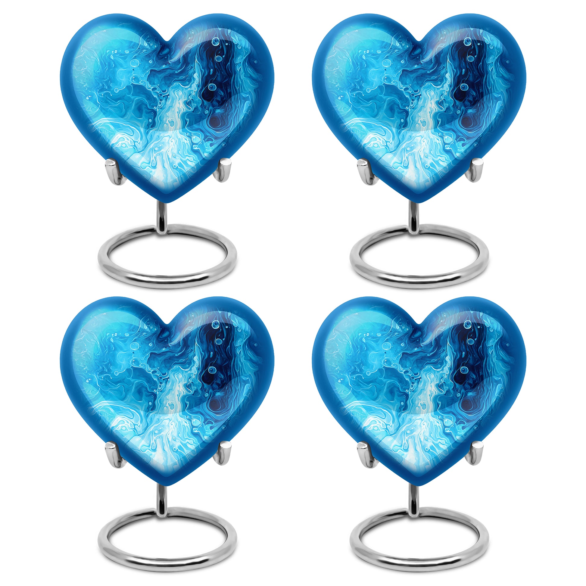 Steel Blue Blue Cremation Urn angled view of lid and engraved motif - compassionate heart-blue combination with gentle curves - 10 inch aluminum urn for cremated remains