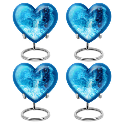 Steel Blue Blue Cremation Urn angled view of lid and engraved motif - compassionate heart-blue combination with gentle curves - 10 inch aluminum urn for cremated remains