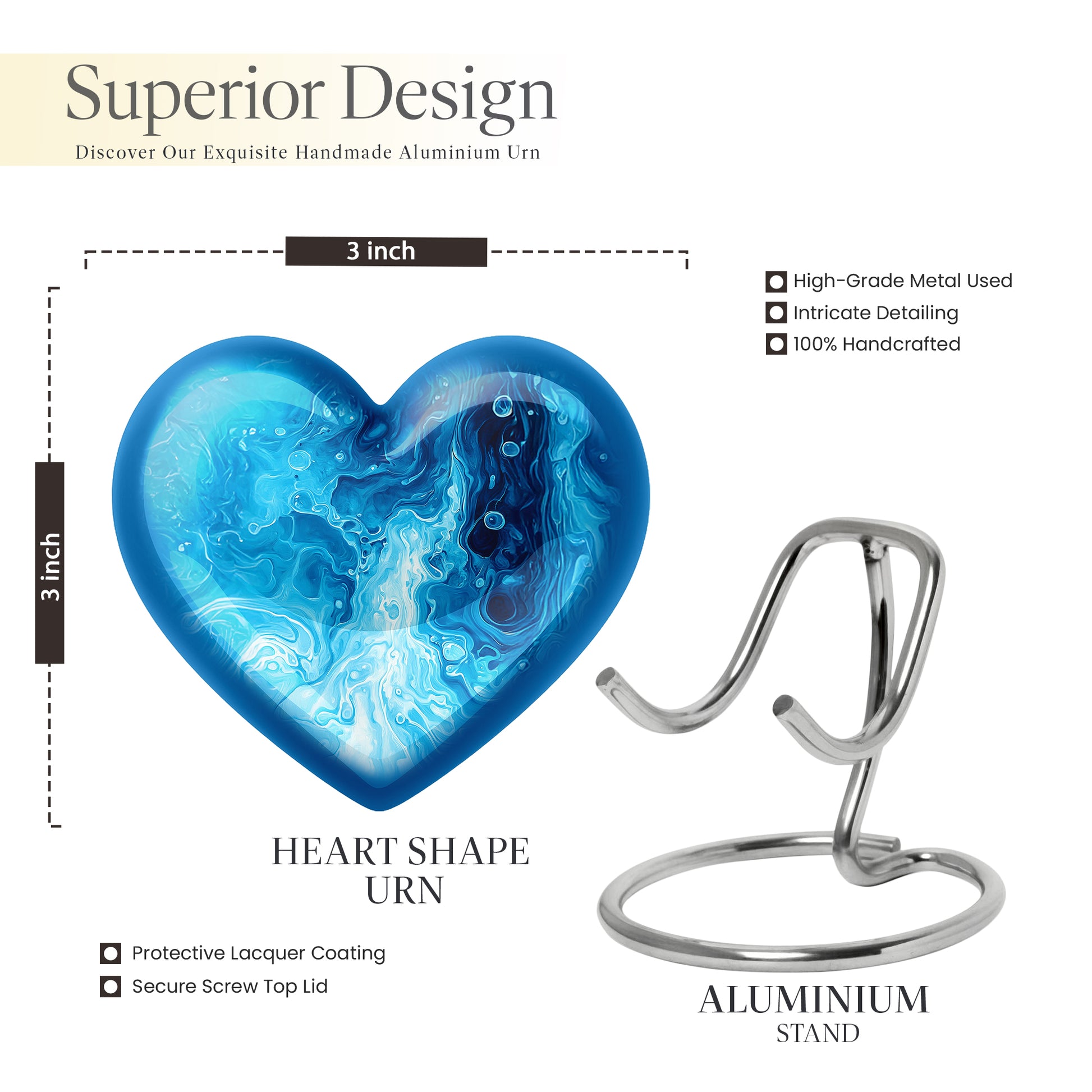 Calming Blue Blue Cremation Urn front view showing detailed design - compassionate heart-blue combination with gentle curves - mini keepsake memorial for portion of cremation ashes