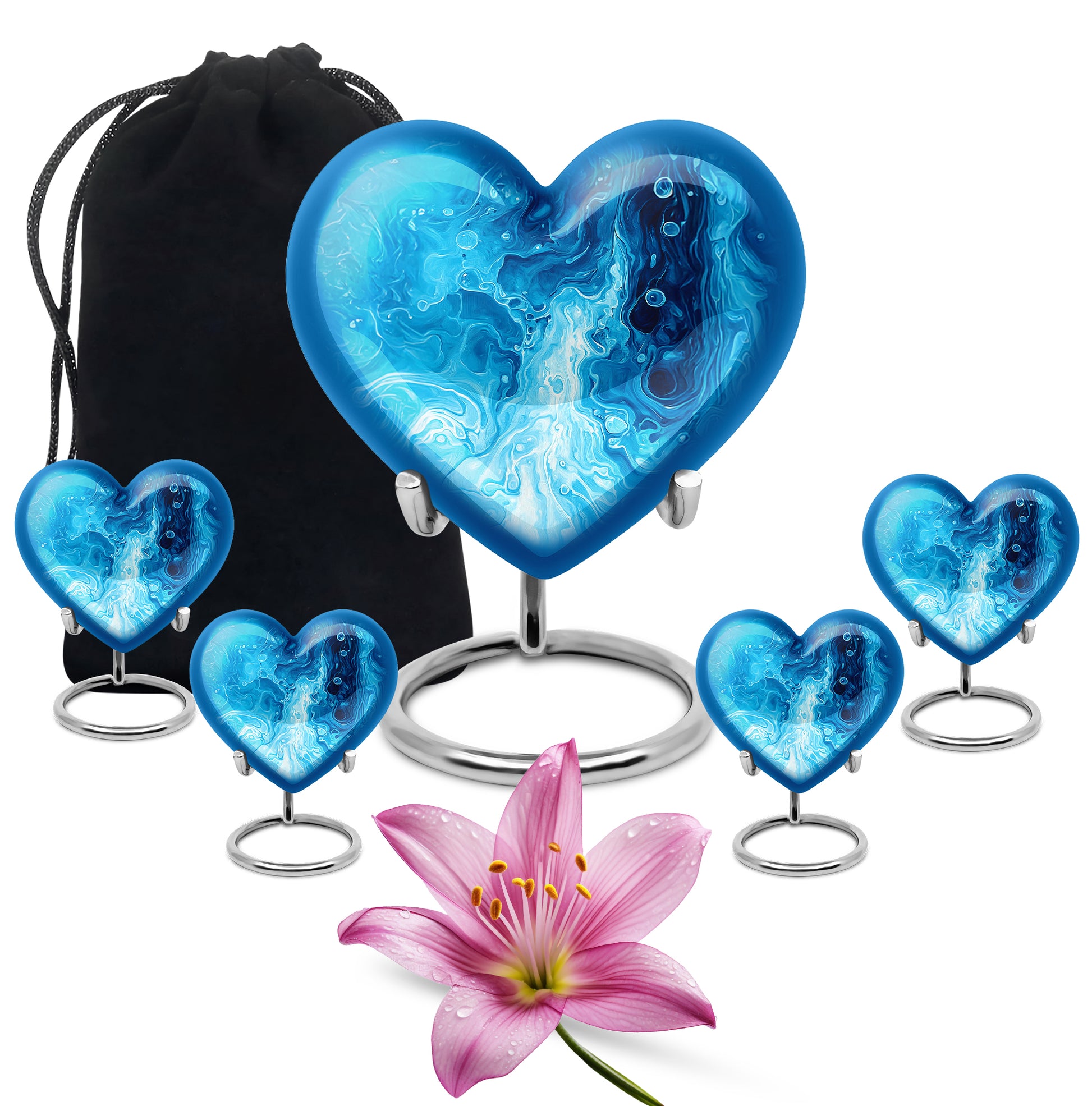 Serene Blue Blue Cremation Urn close-up of engraving and surface detail - compassionate heart-blue combination with gentle curves - memorial set with one large and four small urns