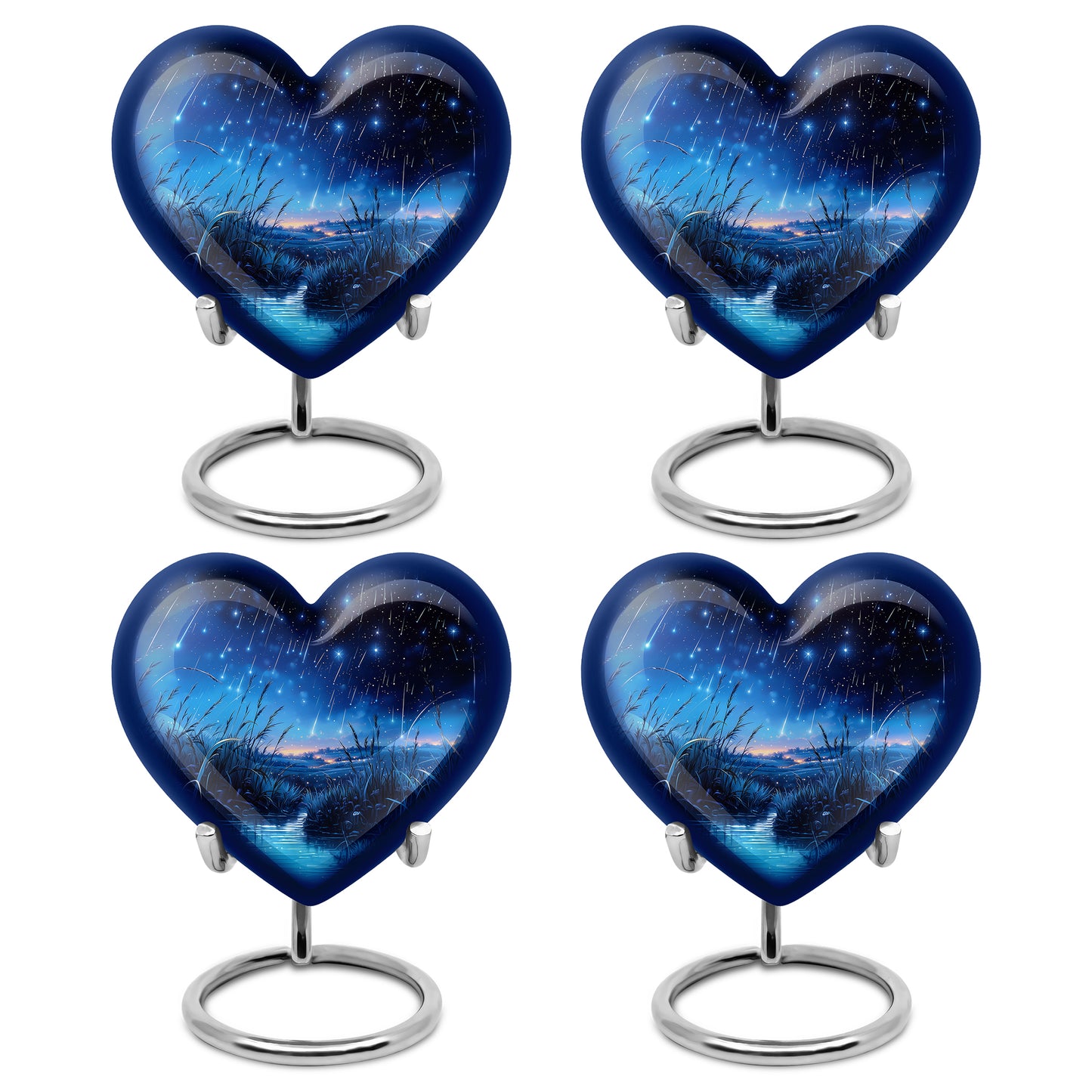 Deep Black Blue Cremation Urn angled view of lid and engraved motif - heart-shaped blue design symbolizing eternal love - 10 inch aluminum urn for cremated remains