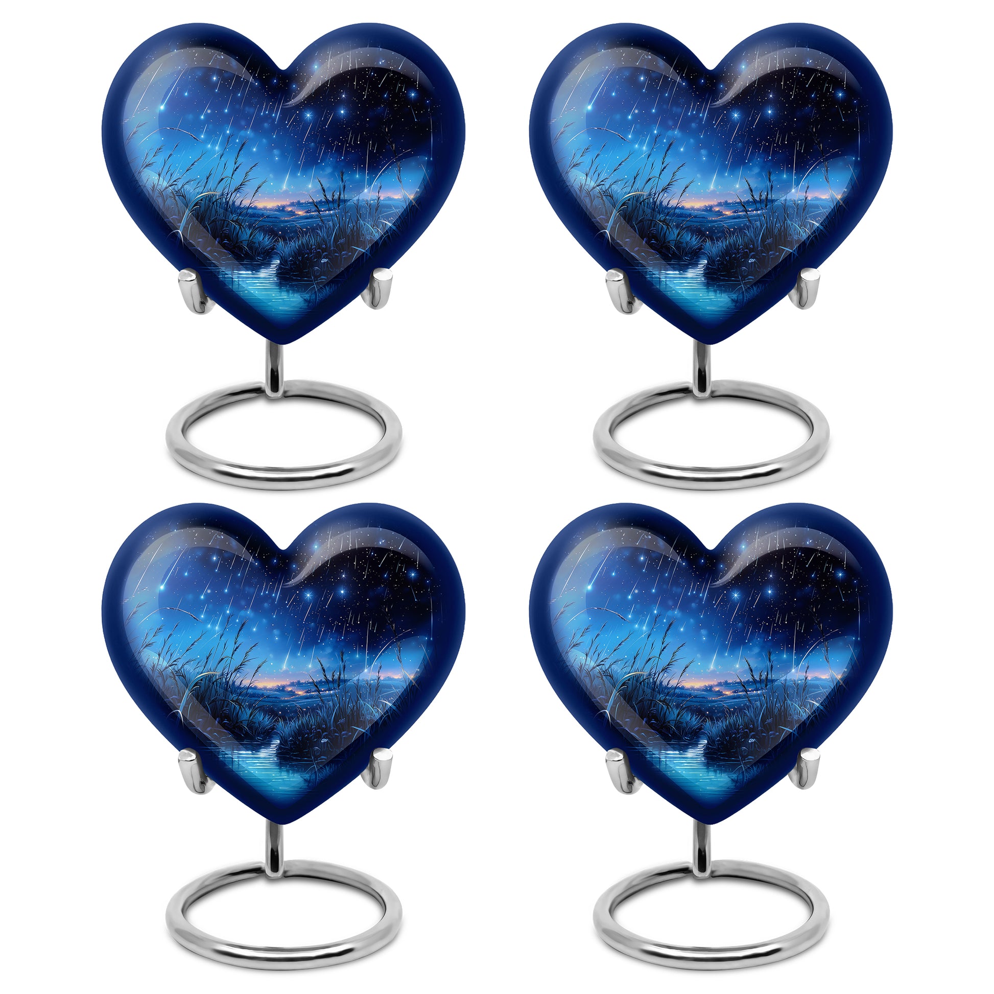 Deep Black Blue Cremation Urn angled view of lid and engraved motif - heart-shaped blue design symbolizing eternal love - 10 inch aluminum urn for cremated remains