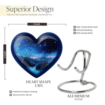 Onyx Black Blue Cremation Urn front view showing detailed design - compassionate heart-blue combination with gentle curves - mini keepsake memorial for portion of cremation ashes