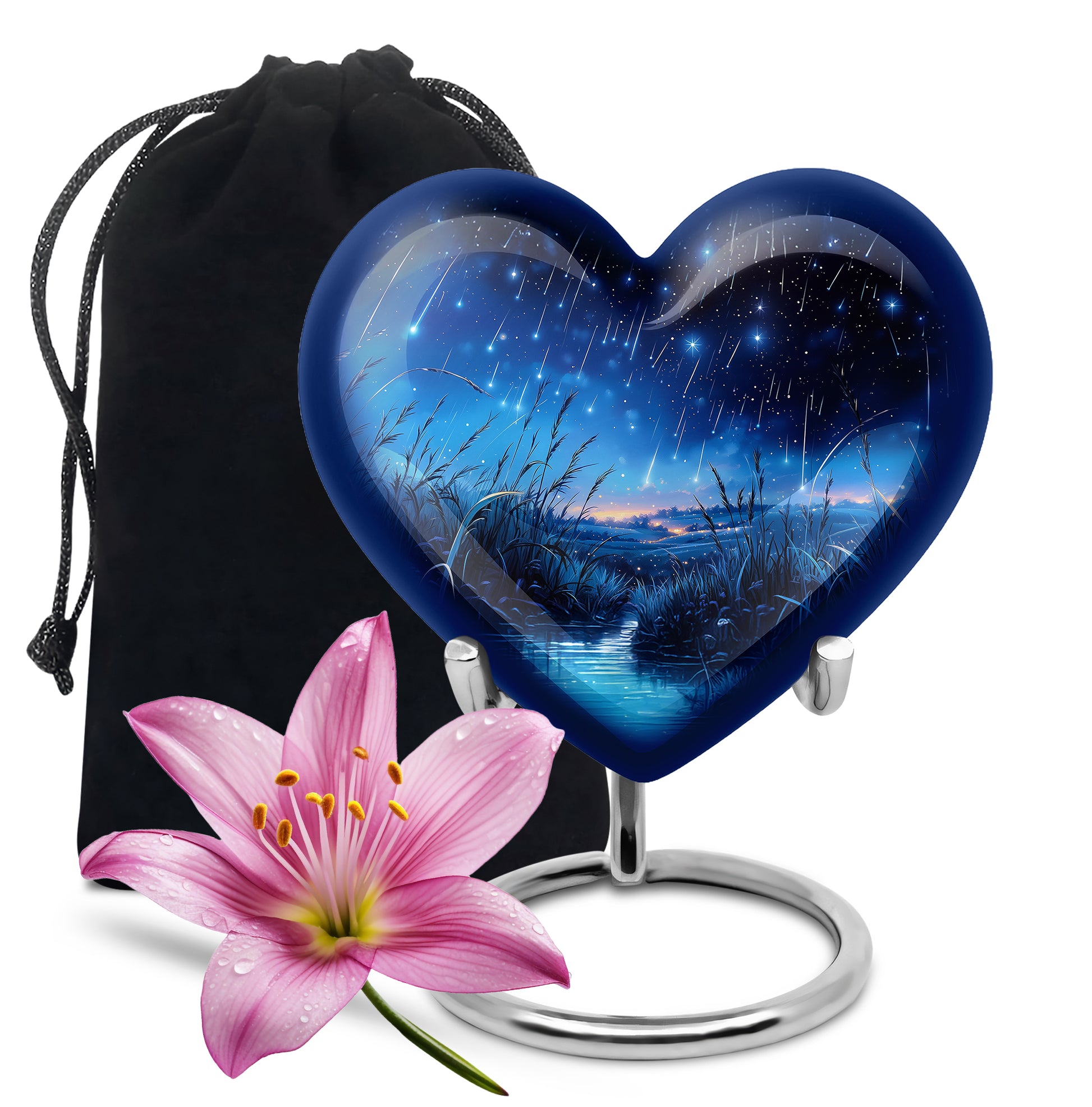 Rich Black Blue Cremation Urn detail view - heart-shaped blue design symbolizing eternal love - full-size 10 inch 200 cubic inch adult cremation urn