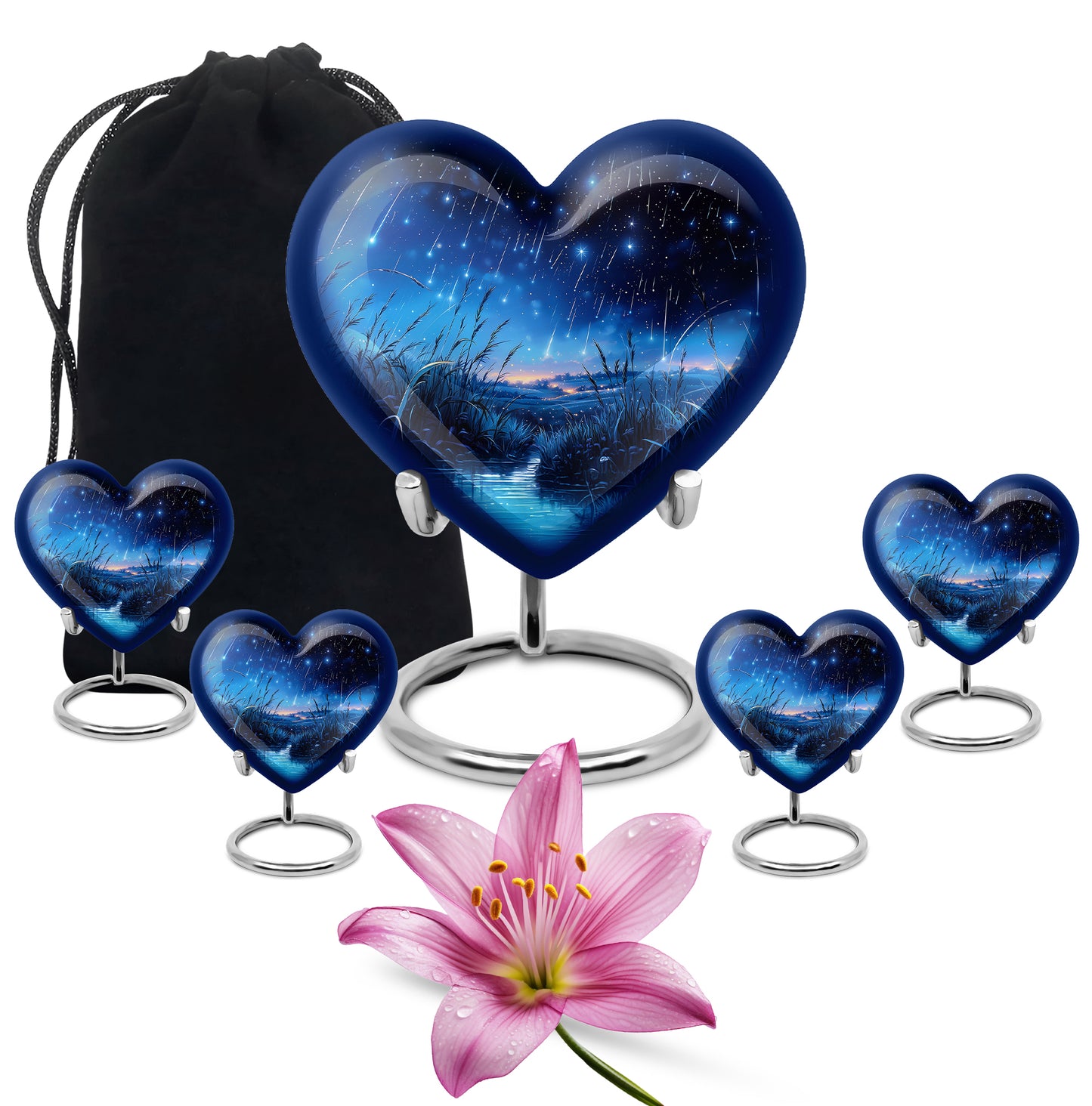 Deep Black Blue Cremation Urn close-up of engraving and surface detail - heart-shaped blue design symbolizing eternal love - memorial set with one large and four small urns