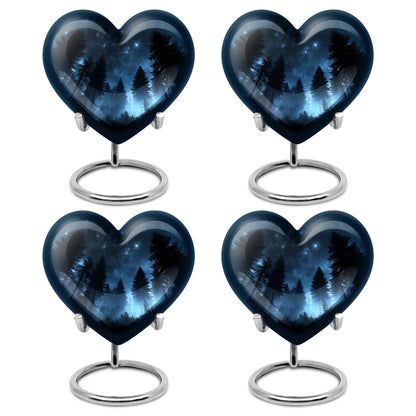 Rich Black Blue Cremation Urn angled view of lid and engraved motif - heart-shaped blue design symbolizing eternal love - 10 inch aluminum urn for cremated remains