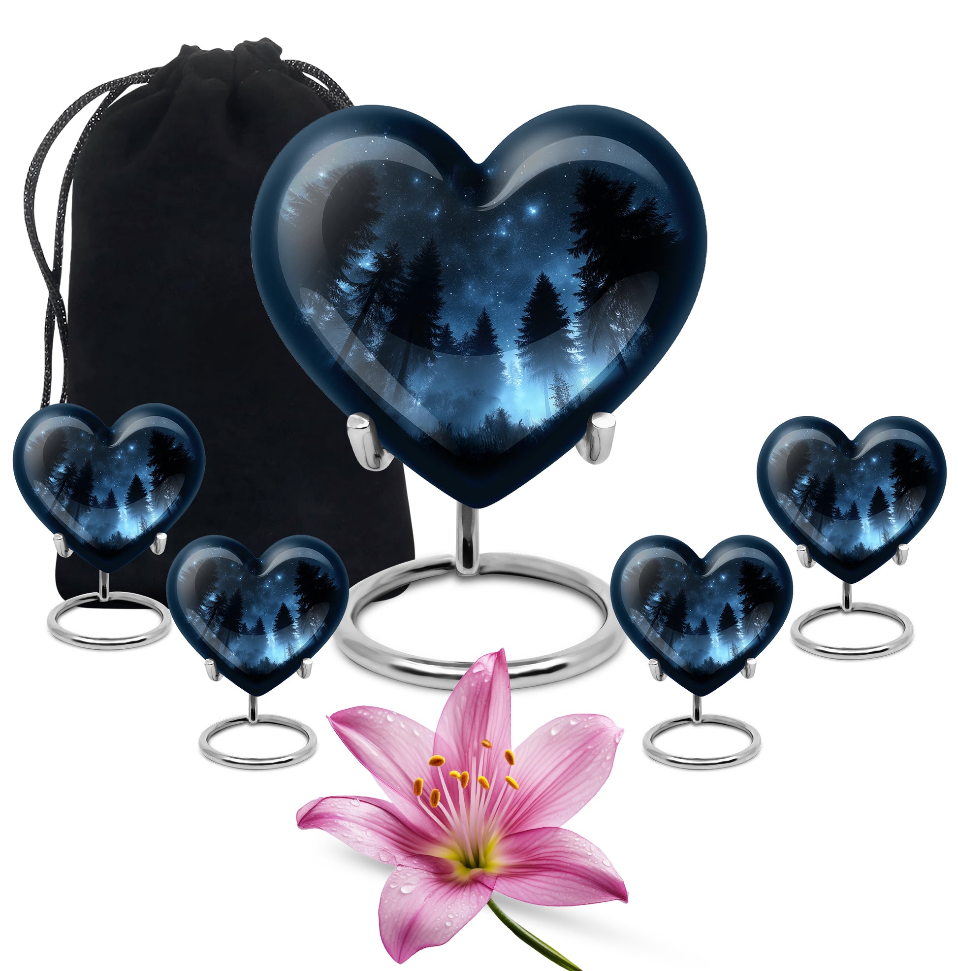 Ebony Blue Cremation Urn close-up of engraving and surface detail - loving heart memorial featuring blue pattern - memorial set with one large and four small urns