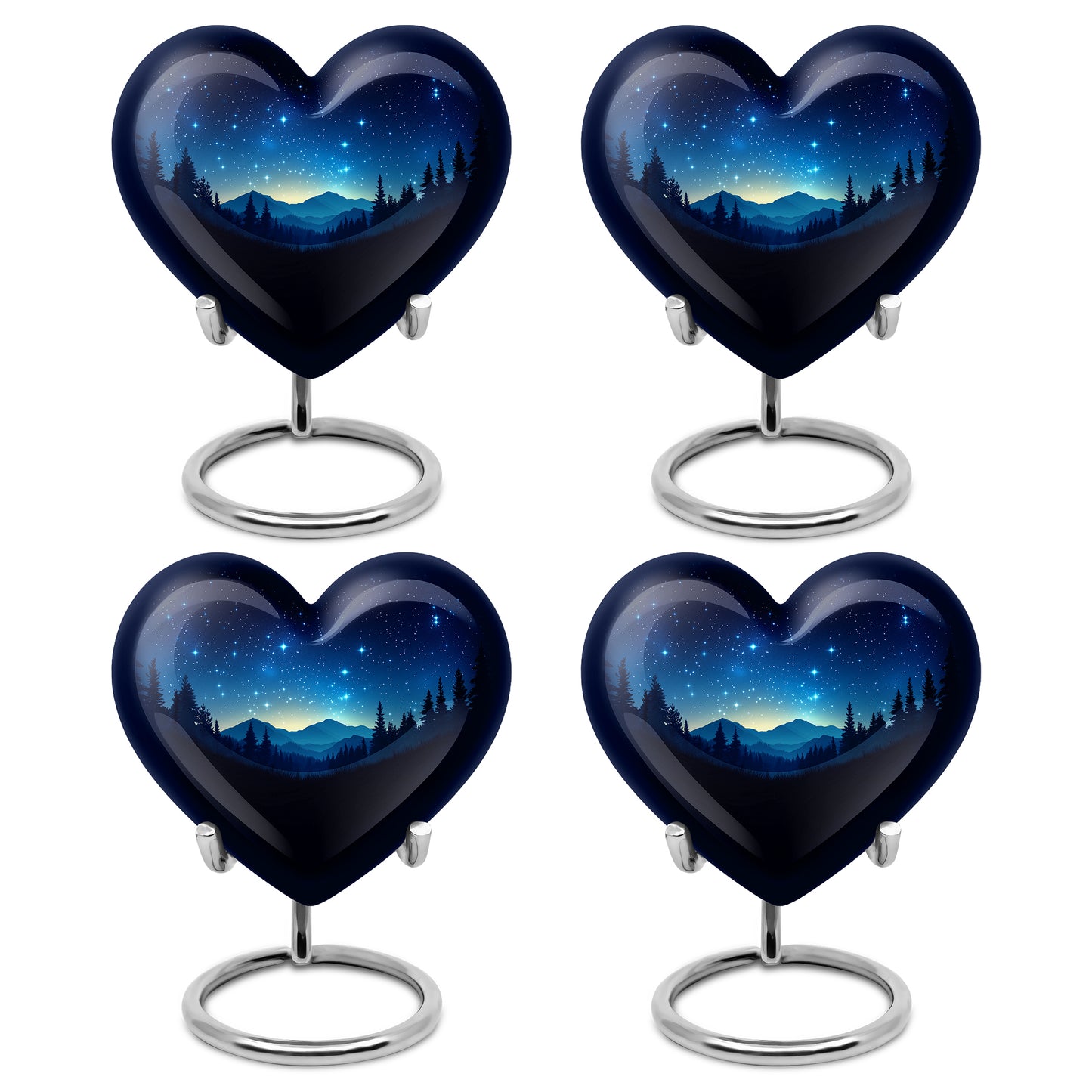 Dark Black Blue Cremation Urn angled view of lid and engraved motif - romantic heart urn with blue motif on aluminum - 10 inch aluminum urn for cremated remains