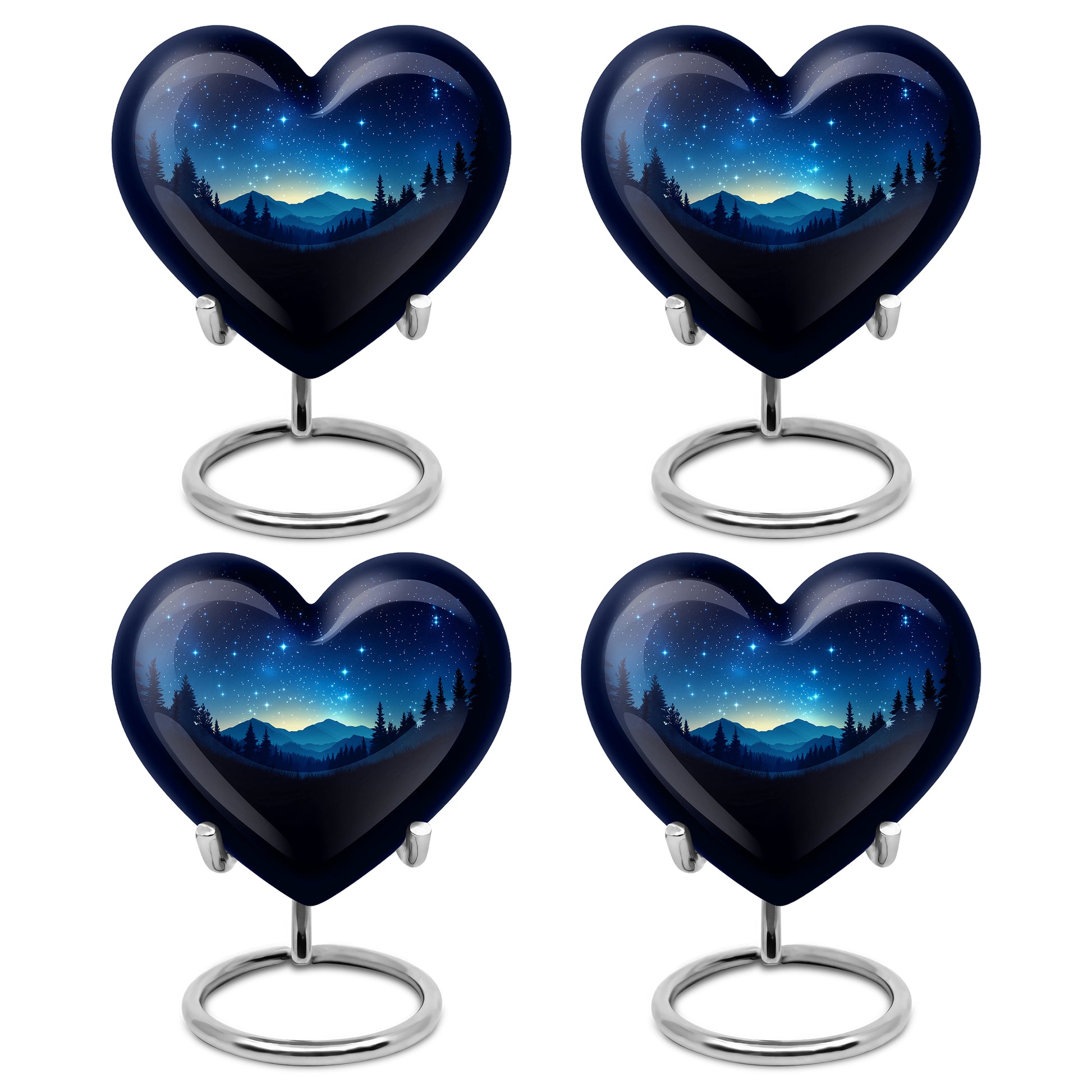 Dark Black Blue Cremation Urn angled view of lid and engraved motif - romantic heart urn with blue motif on aluminum - 10 inch aluminum urn for cremated remains