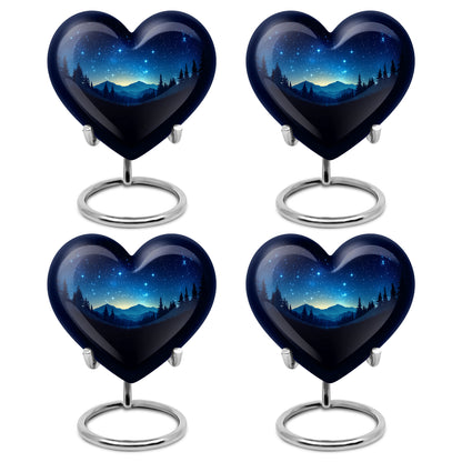 Dark Black Blue Cremation Urn angled view of lid and engraved motif - romantic heart urn with blue motif on aluminum - 10 inch aluminum urn for cremated remains